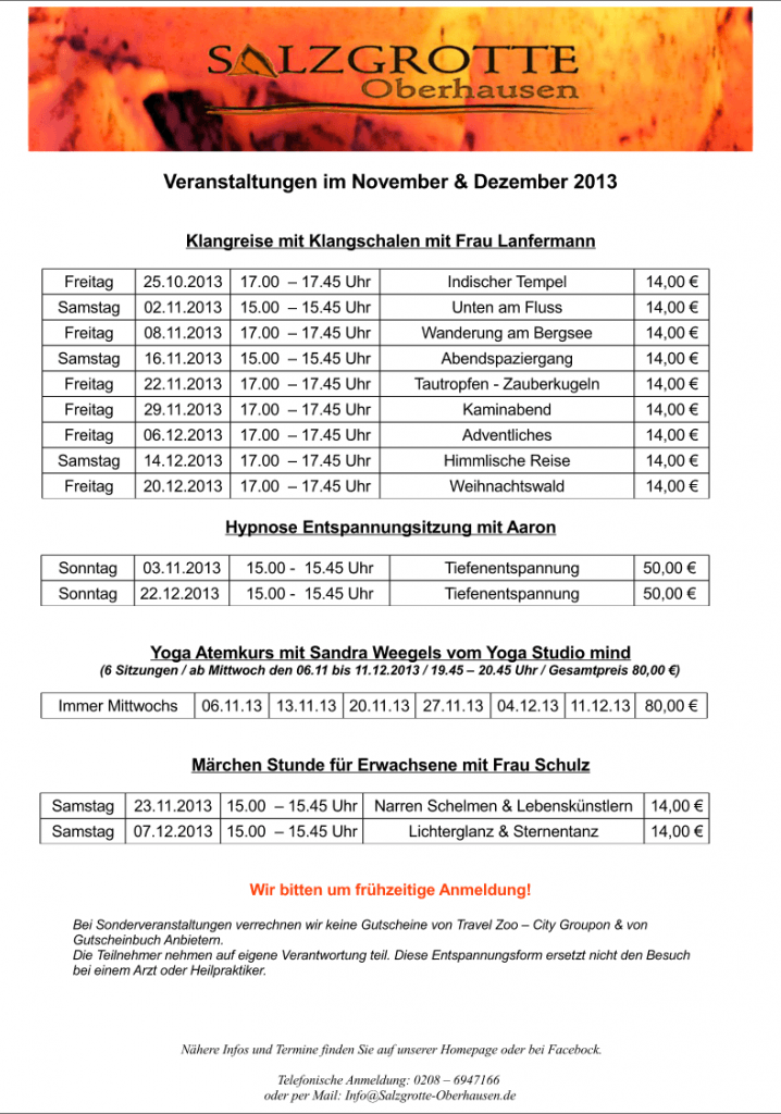 Veranstaltungen der Salzgrotte Oberhausen / Nov-Dez 2013